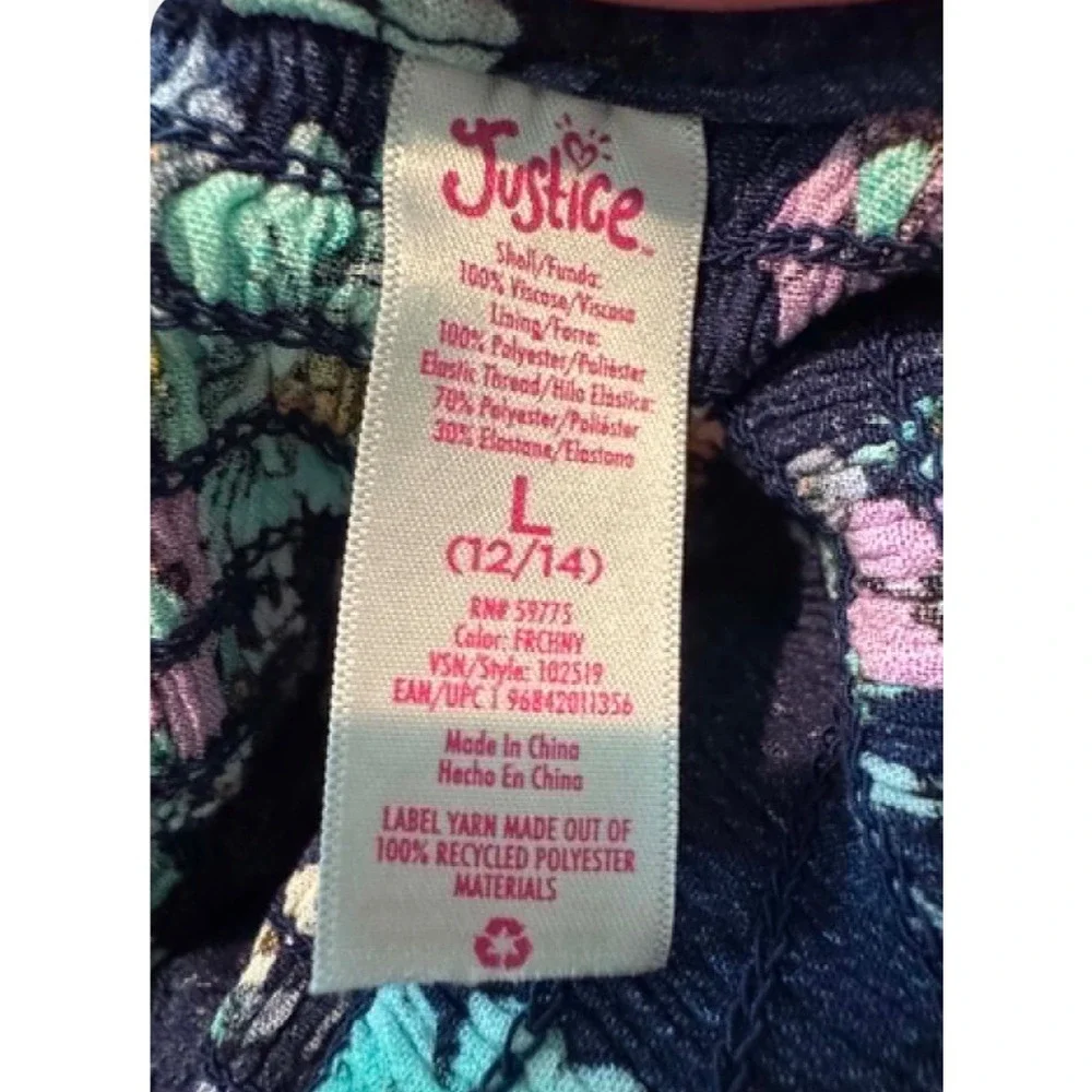 Justice Floral‎ Dress Kids Size L 12/14 Navy Blue Excellent Puff Sleeve Smocked